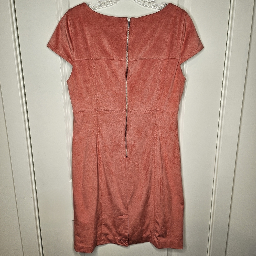 Nanette Lepore Coral Size 10 Faux Suede Sheath Mini Dress Short Sleeve Zip Back - Picture 5 of 9
